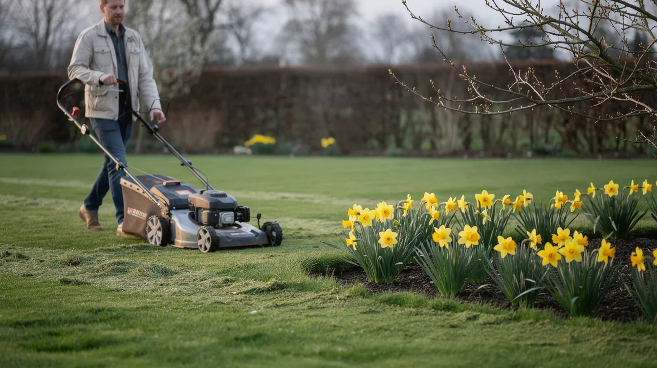 A person is mowing a lush green lawn in early spring, surrounded by vibrant daffodils at the garden's edge. The scene captures the essence of lawn care as the mower blades cut through the grass, contributing to a healthy lawn.