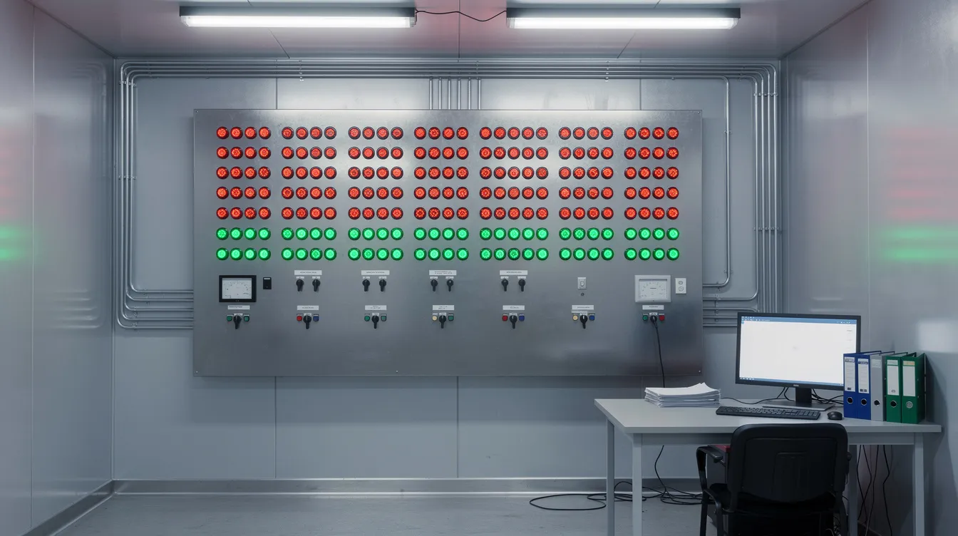 The image depicts a control room featuring a wall-mounted panel adorned with red and green status indicator lights, symbolizing the operational readiness of cybersecurity teams. This setup reflects the importance of assessing and managing team skills to effectively address emerging threats and ensure consistent threat mitigation in the cyber workforce.