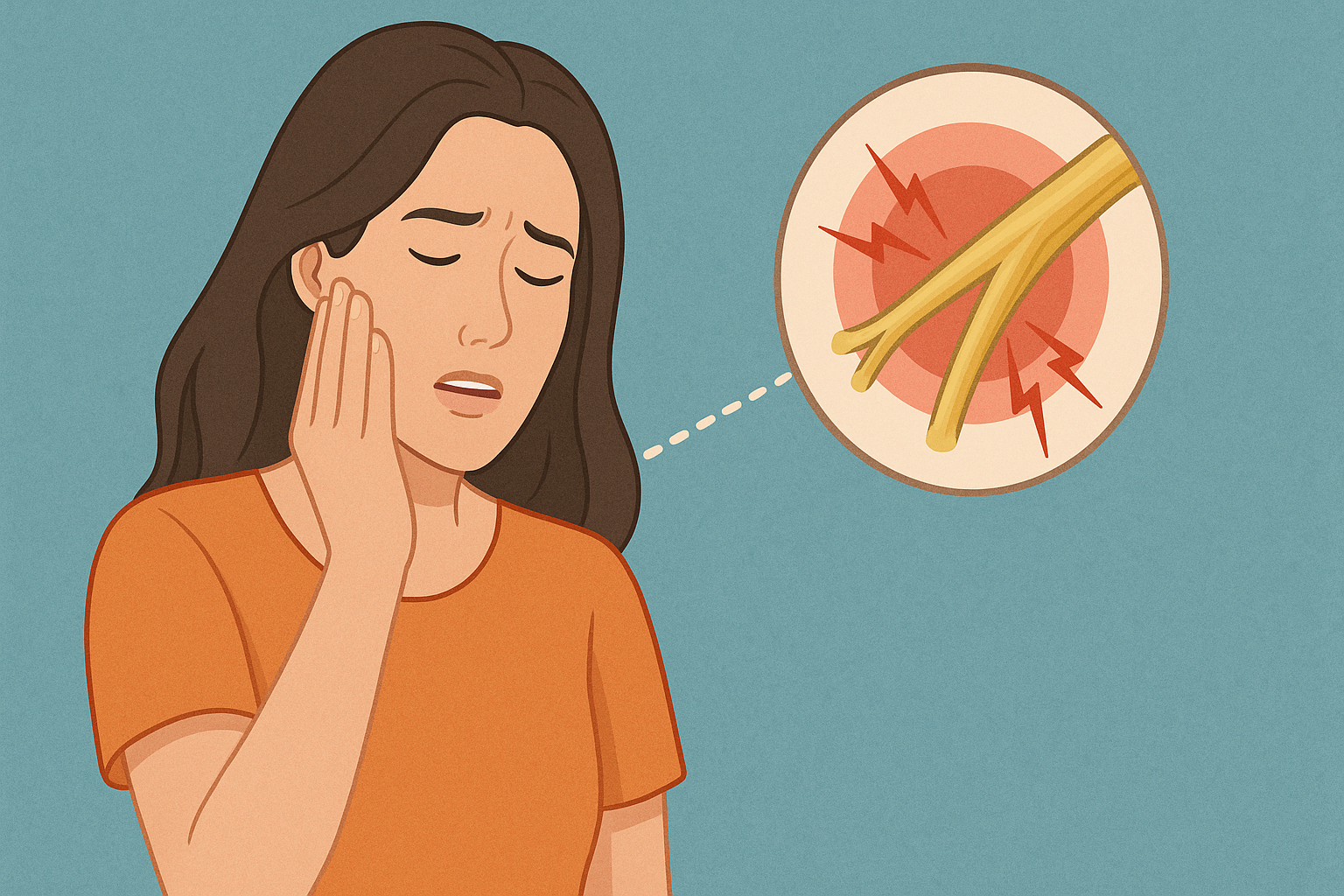 Illustrasjon av ansiktsnerver og smertebaner ved nevralgi.