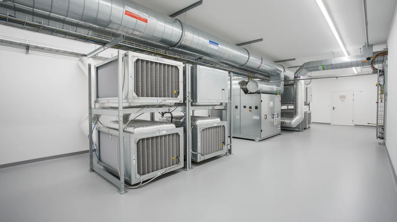 Billedet viser et moderne ventilationsanlæg med synlige kanaler og filtre, installeret i et teknikrum. Anlægget er designet til at sikre et sundt indeklima med høj varmegenvinding og effektiv ventilation, hvilket bidrager til en bedre luftkvalitet i hele boligen.