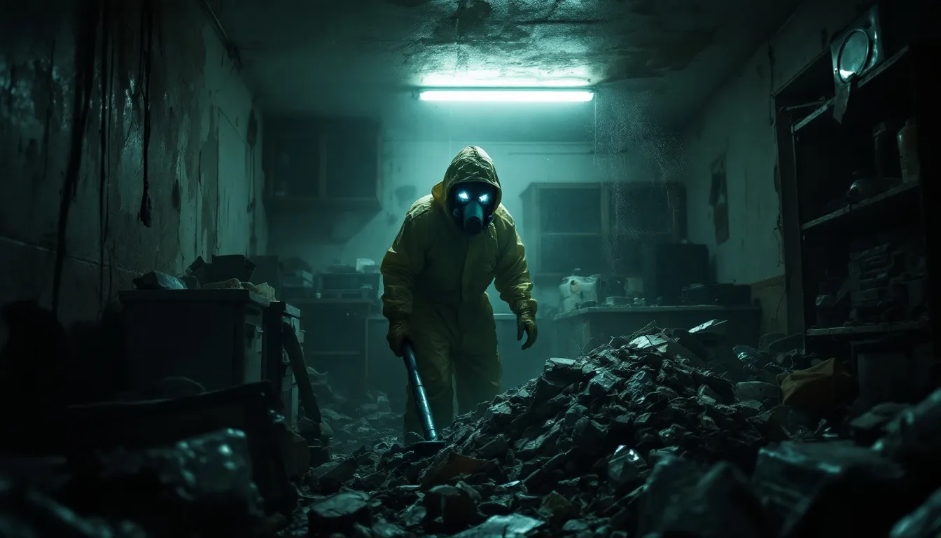 A person wearing personal protective equipment while cleaning a cluttered space, highlighting respiratory health hazards.