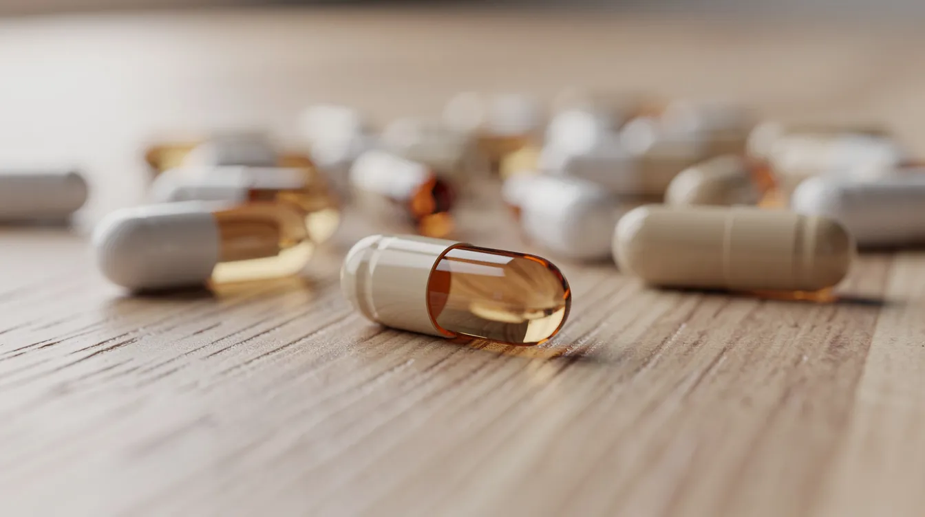 A close-up photograph showcases scattered supplement capsules on a clean wooden table surface, highlighting their potential benefits for increasing testosterone levels and supporting overall health. These dietary supplements may aid in improving energy, stamina, and athletic performance while addressing issues such as low libido and erectile dysfunction.