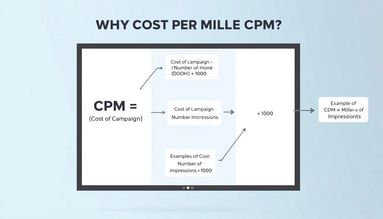 The image illustrates the process of calculating Cost per Mille (CPM) for digital out of home (DOOH) advertising, featuring digital billboards displaying various ads. It highlights how DOOH campaigns utilize real-time data and mobile location data to engage target audiences effectively and enhance brand visibility through dynamic content.