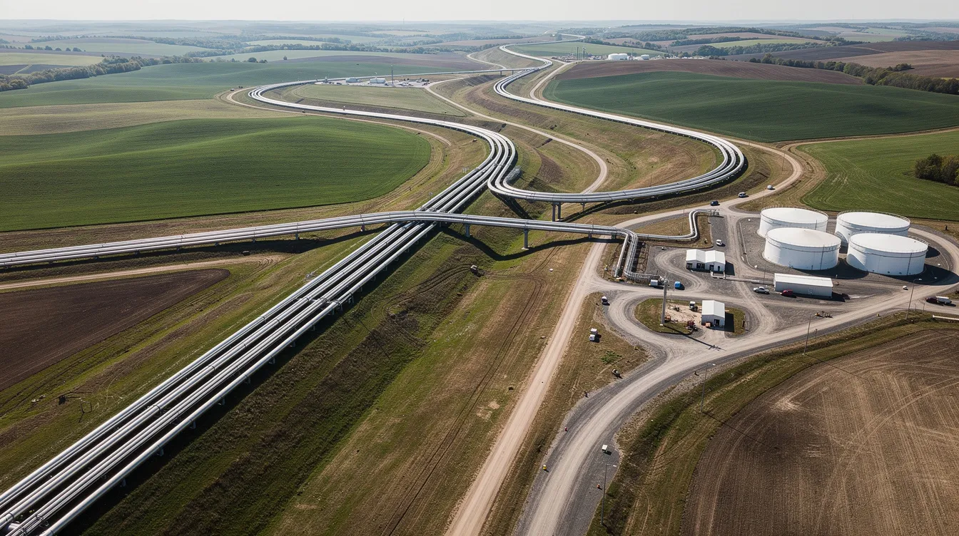 An aerial photograph captures pipeline infrastructure intricately winding through rural terrain, with large storage tanks dotting the landscape. This image reflects the oil and gas industry, showcasing essential assets for energy companies involved in natural gas and crude oil production.