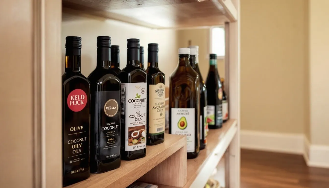 The image depicts a collection of various cooking oils, including olive oil, peanut oil, and sunflower oil, neatly stored in dark bottles within a cool pantry. The dark packaging helps protect these vegetable oils from light, ensuring their quality and freshness.