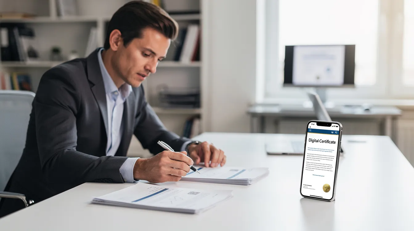 A person is sitting at a desk, carefully reviewing documents alongside a smartphone displaying a digital certificate related to cannabis products. This image highlights the legal status of THCA and its implications within state cannabis regulations, emphasizing the importance of understanding medical and recreational use in the context of federal law.