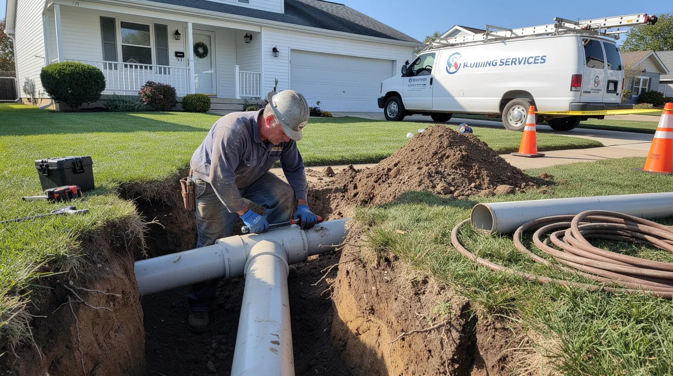 A plumber is seen working diligently on a sewer pipe repair in a residential yard, surrounded by tools and equipment necessary for the job. This scene highlights the importance of reliable plumbing services for homeowners tackling issues like sewer repair and drain cleaning.