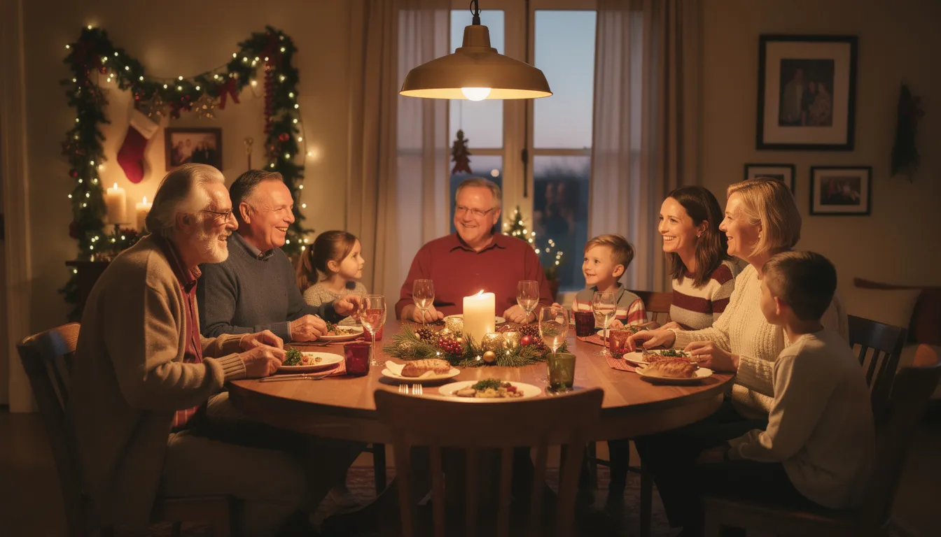 A warm and inviting dining room features a round wooden dining table surrounded by family members enjoying a holiday meal together. The cozy atmosphere is enhanced by the rustic charm of the solid wood table, perfect for intimate dinners and accommodating ample seating for family gatherings.
