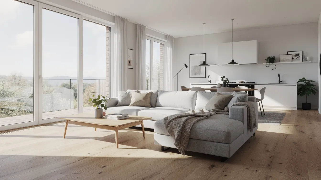 Bildbeskrivning av en öppen planlösning med en rymlig hörnsoffa som släpper in mycket ljus. Soffan, av hög kvalitet, erbjuder en bekväm plats för avkoppling och passar perfekt i rummet med sina olika färger och stilar.