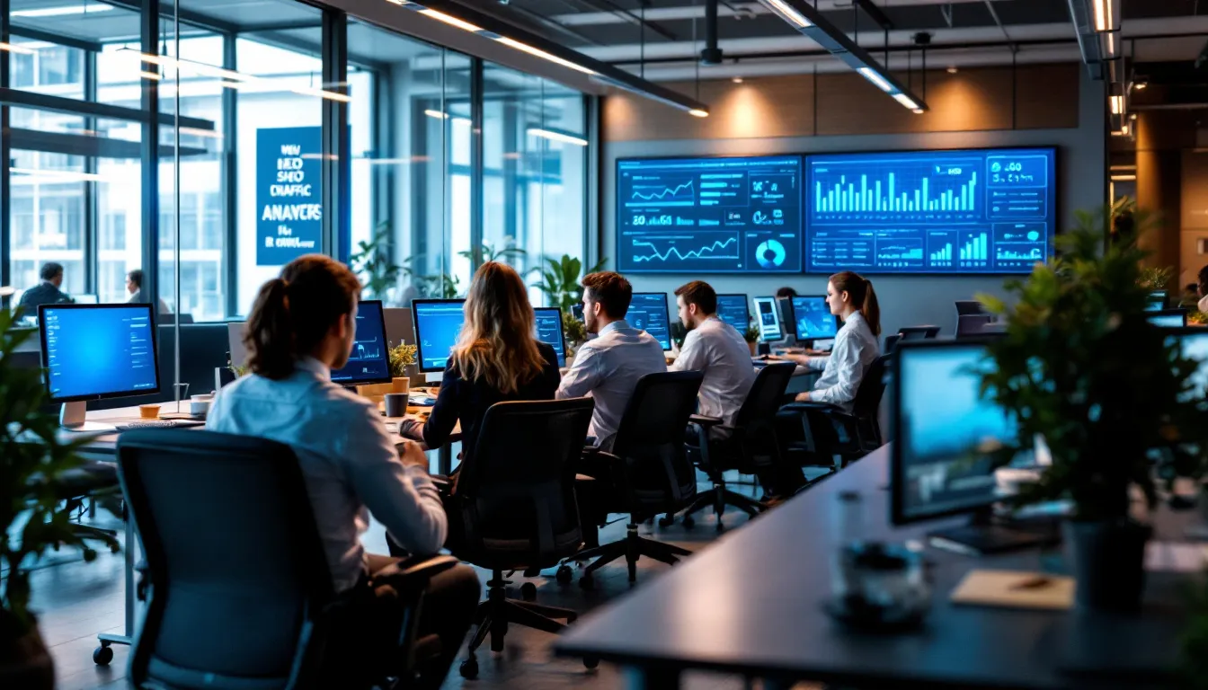 The image showcases a dynamic SEO company team brainstorming innovative strategies for search engine optimization, emphasizing local SEO and keyword research. They are focused on enhancing online visibility and improving search rankings for their clients' websites through effective SEO services and content marketing.