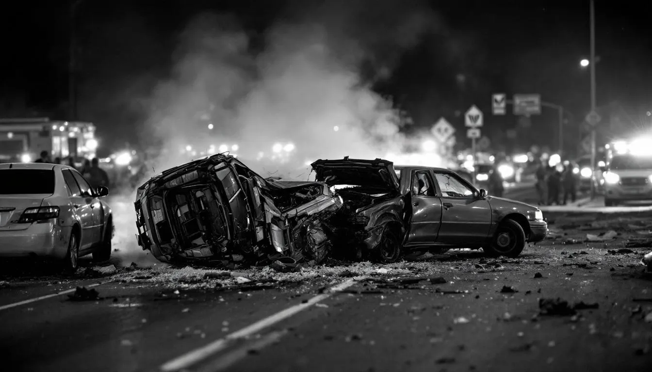 A blurred image of a car crash site in Lakewood, Colorado, illustrating common causes of car accidents.