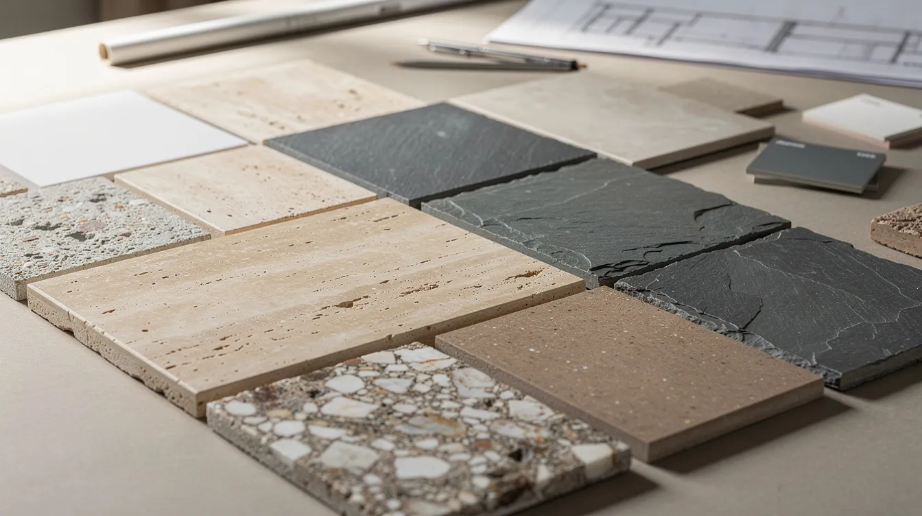 A close-up view of various patio tile samples, including porcelain, travertine, slate, and quartzite, is displayed on a design table, showcasing the different textures and colors suitable for outdoor spaces like covered patios and terraces. These materials highlight the versatility and style options available for creating beautiful and durable surfaces for summer enjoyment.