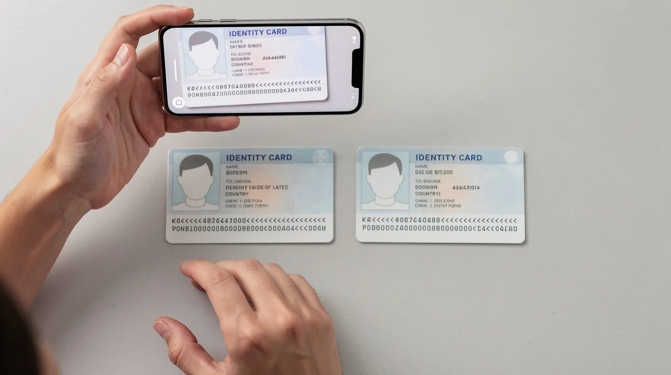 A person is capturing images of identity documents using a smartphone, surrounded by a well-lit and tidy background. The focus is on the documents, showcasing clarity and detail in the photographs.