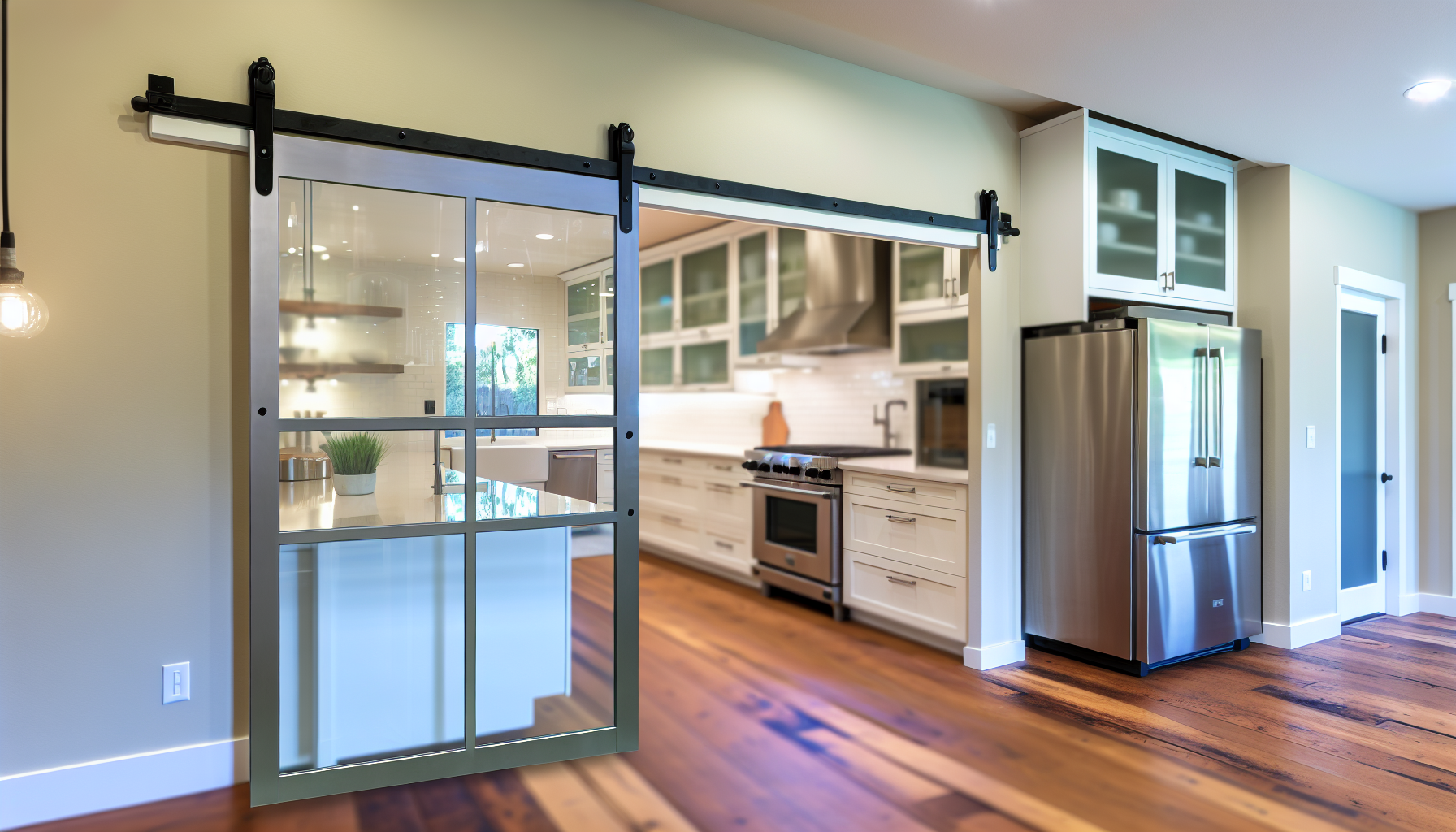 Glass barn door installed in a modern kitchen