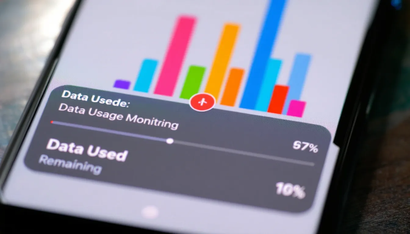 The image displays a smartphone screen featuring a data usage monitoring interface, highlighting mobile hotspot data and usage statistics. It includes information about the current billing cycle and options for upgrading to Verizon's unlimited plans for enhanced mobile hotspot use.