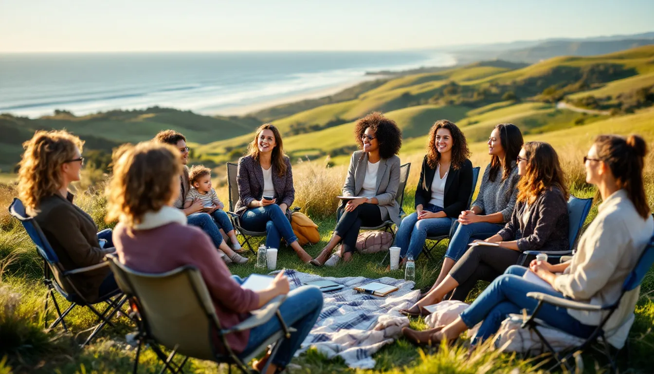 A group of working mothers gathers for a support meeting against a scenic California backdrop, discussing their experiences and concerns related to divorce. The atmosphere is one of camaraderie and hope, as they share insights and seek legal assistance for navigating the entire process.