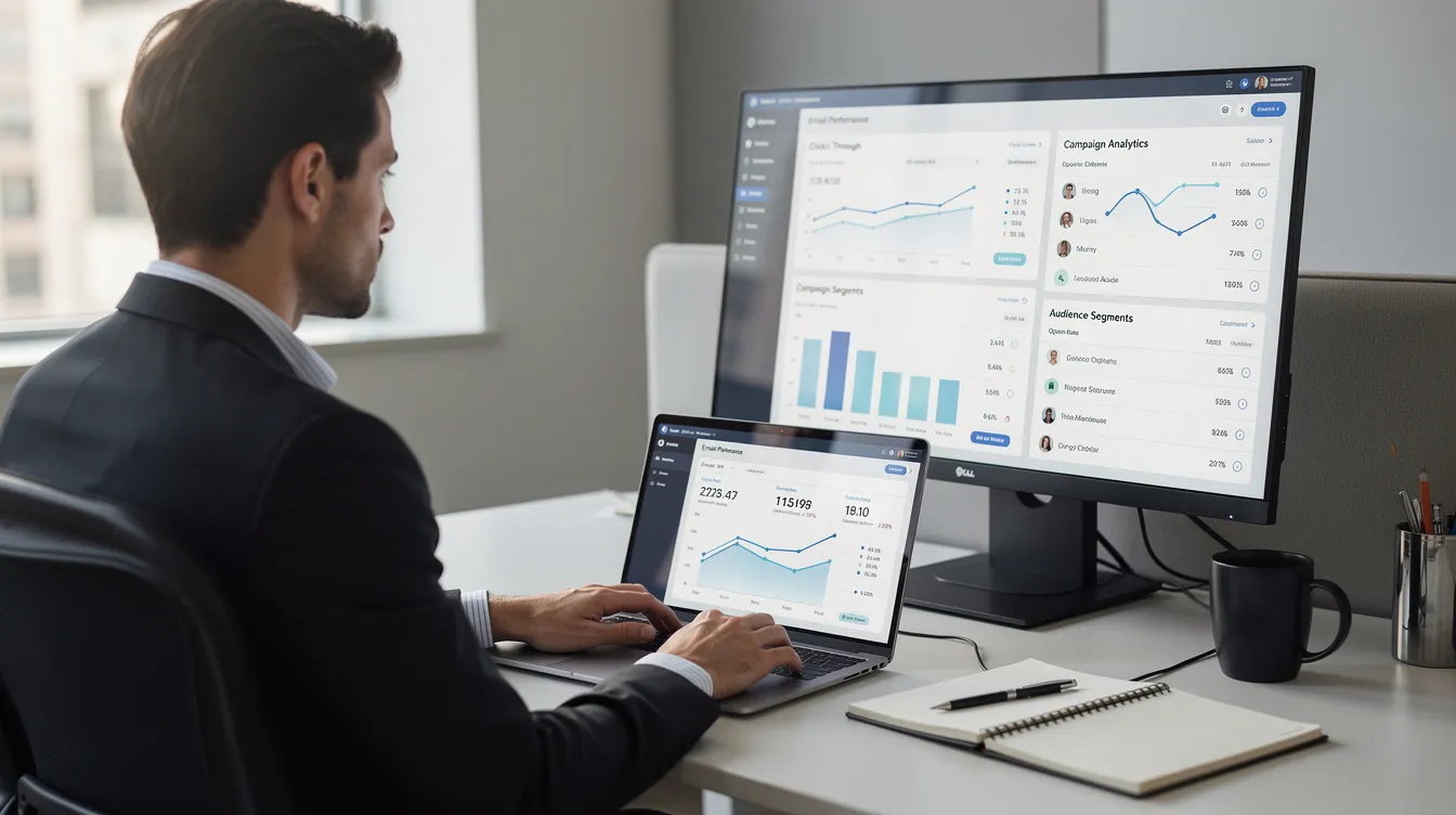 A professional sits at a desk, intently reviewing multiple email campaign dashboards displayed on a laptop and monitor, analyzing data related to email marketing strategies and automated email sequences aimed at engaging potential customers and enhancing customer relationships. The workspace is organized, reflecting a focus on optimizing email sequences to improve conversion rates and nurture leads throughout the sales process.