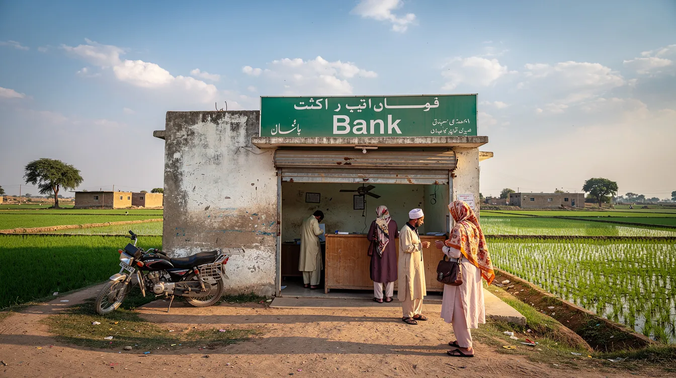 The image depicts a small rural banking branch of Khushhali Bank Limited in a Pakistani village, surrounded by lush green fields, symbolizing sustainable financial services aimed at supporting poor households and promoting poverty reduction in rural areas. The branch serves as a vital resource for low-income individuals, providing access to microfinance services and small loans to foster development and growth in the community.