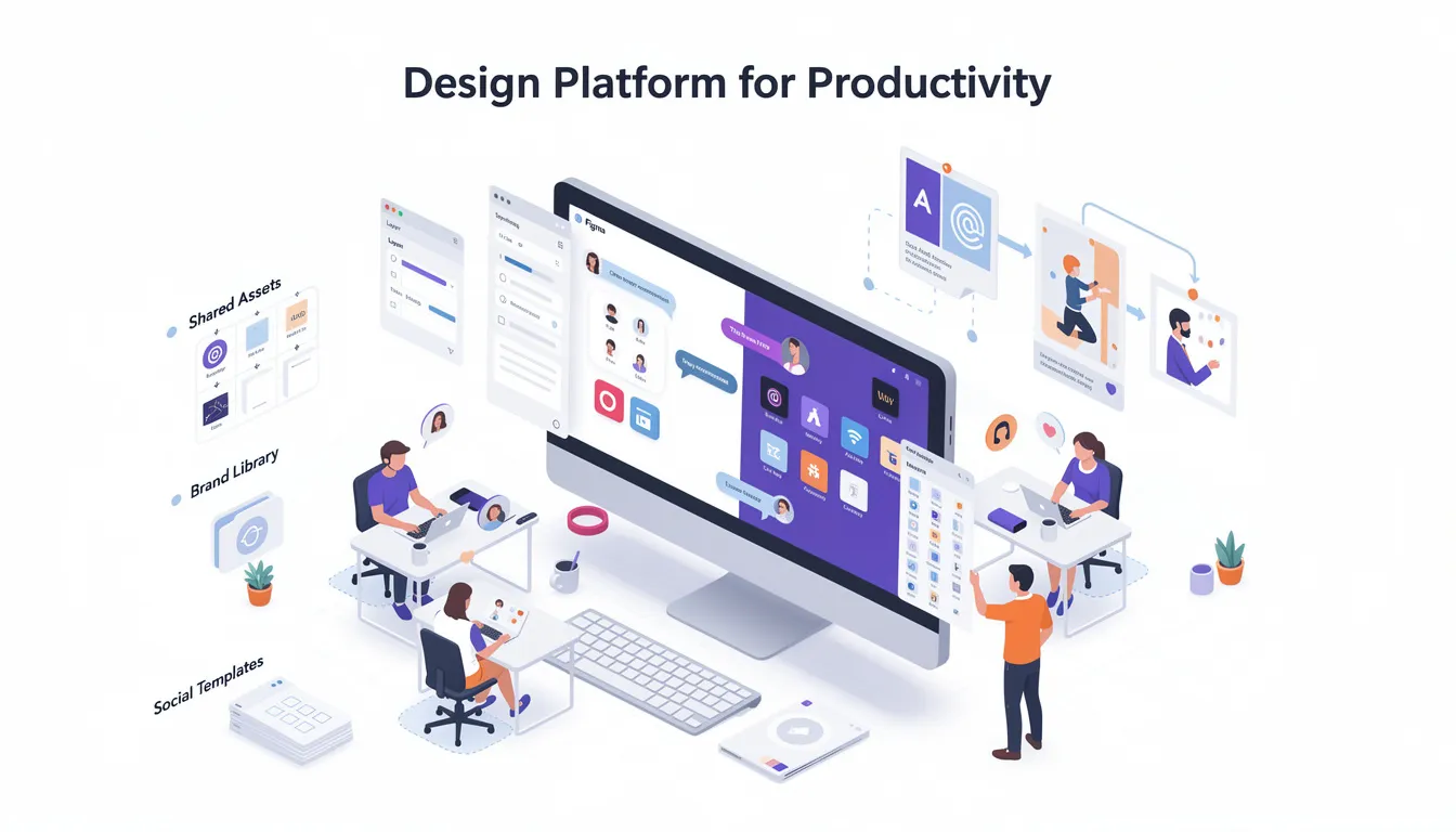 The image presents an overview of various design platforms for productivity, highlighting key features of Adobe Creative Cloud and Figma, such as collaboration features and asset management. It emphasizes how these professional design tools can help both professional designers and non-designers create high-quality graphics and social media posts efficiently.