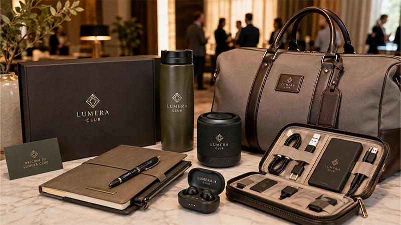 Premium VIP swag gift boxes with executive notebooks, drinkware, travel bags, and technology accessories for corporate events