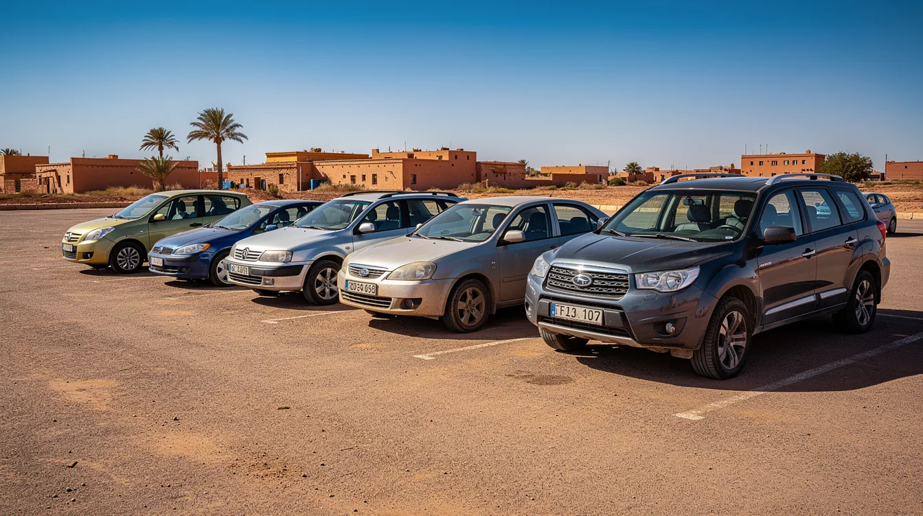 Plusieurs voitures de tailles différentes garées côte à côte sur un parking ensoleillé.