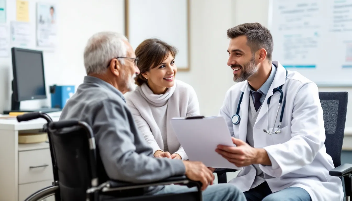 A healthcare professional is seated at a table, discussing financial options with a patient and their family, focusing on life insurance policies and viatical settlements. The conversation highlights the potential benefits, including accelerated death benefits and the implications of selling a life insurance policy to secure cash value for the insured's life expectancy.
