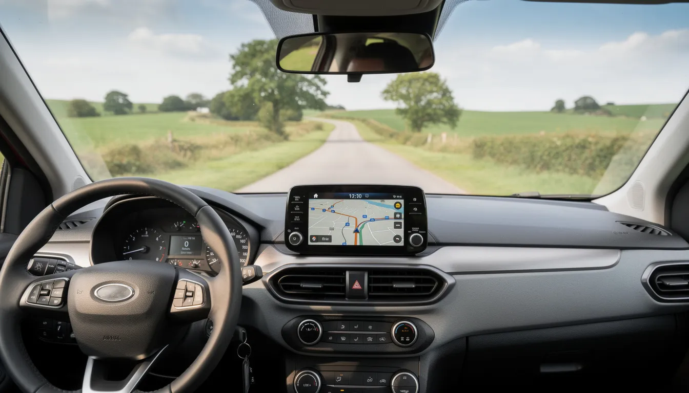 Une voiture roule sur une route de campagne, avec un GPS allumé sur le tableau de bord, indiquant la direction à suivre. Ce tableau de bord représente un outil essentiel pour la gestion des trajets quotidiens, tout en assurant une prise en charge efficace des soins.