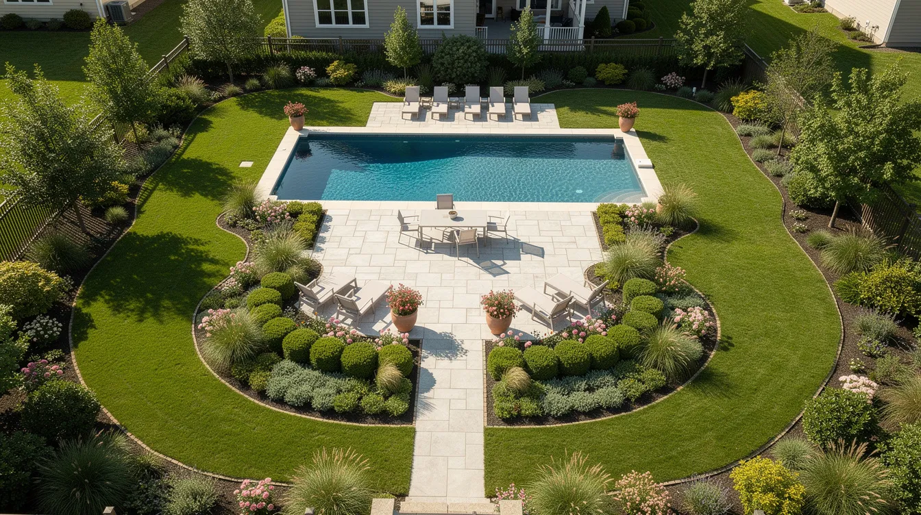 An aerial view showcases a beautifully completed backyard landscape featuring a stone patio, lush green lawn, vibrant planting beds, and a sparkling swimming pool, exemplifying excellent landscape design and construction. This serene outdoor space highlights the professionalism and creativity of landscape contractors in the industry.