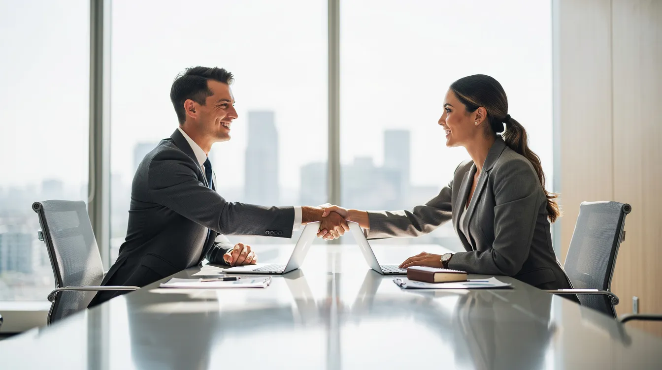Deux professionnels des affaires se serrent la main autour d'une table de réunion moderne dans un bureau lumineux, illustrant l'art de la négociation commerciale et la recherche d'un accord entre les parties prenantes. Cette scène met en avant l'importance de la communication et des techniques de vente dans le processus de négociation.