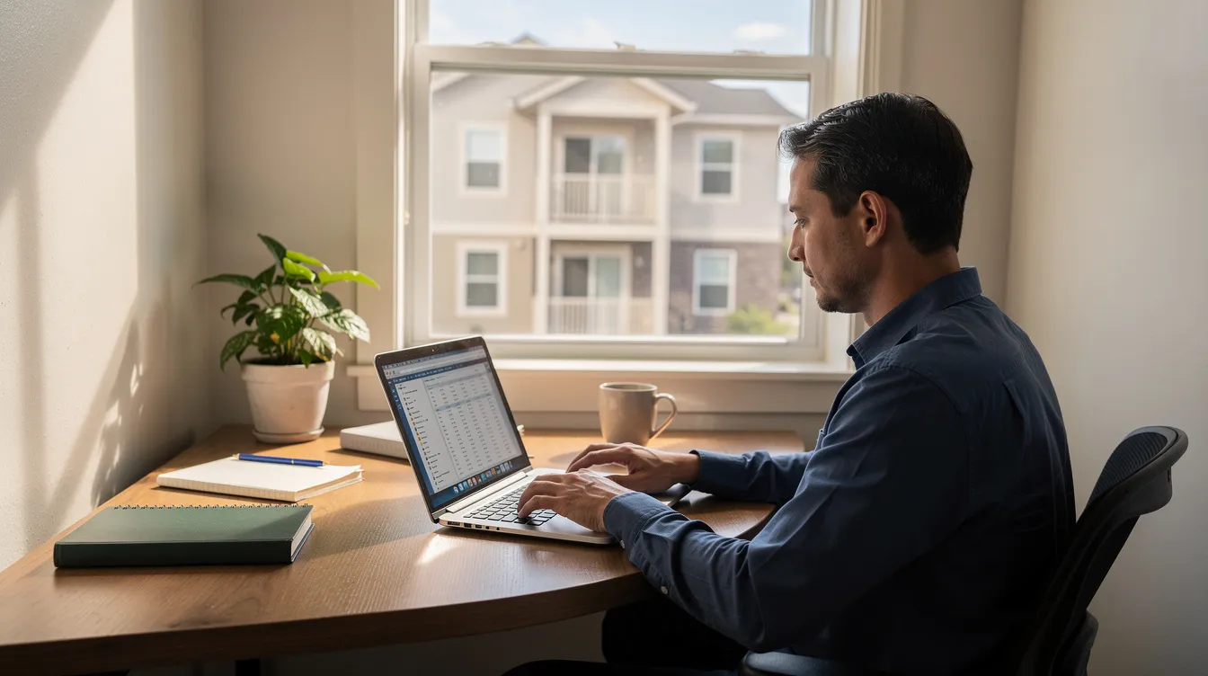 A property owner is seated at a home office desk, working on a laptop, with a rental apartment building visible through the window behind them. This scene illustrates the daily operations of property management, highlighting the connection between property owners and their rental properties.