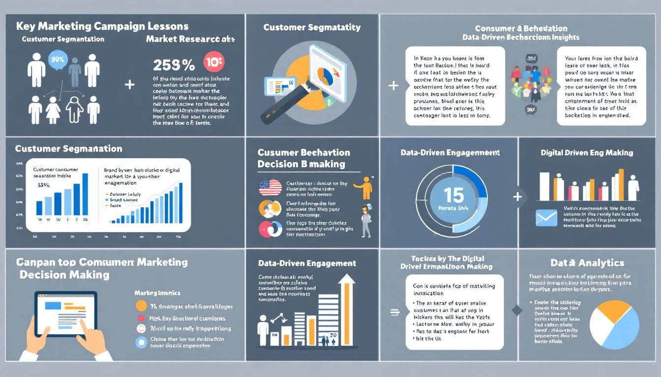 The image showcases a vibrant collage of successful marketing campaign examples, highlighting various strategies used by brands like Coca-Cola and Old Spice to engage their target audience. It emphasizes creative pursuits and social media engagement that have left a lasting impression on consumers, illustrating the core values and emotional connections that define great marketing campaigns.
