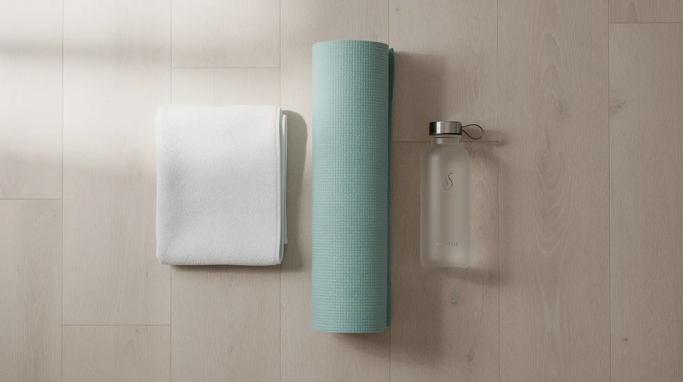 An arrangement of yoga gear is displayed, featuring a rolled yoga mat, a soft towel, and a water bottle, ideal for a hot yoga class. This setup emphasizes the importance of staying hydrated and prepared for a great workout in a heated yoga studio.