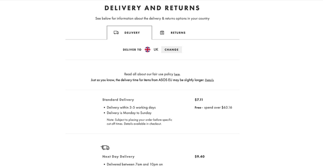 ASOS shipping policy examples