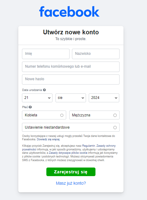 Formularz rejestracji na Facebooku