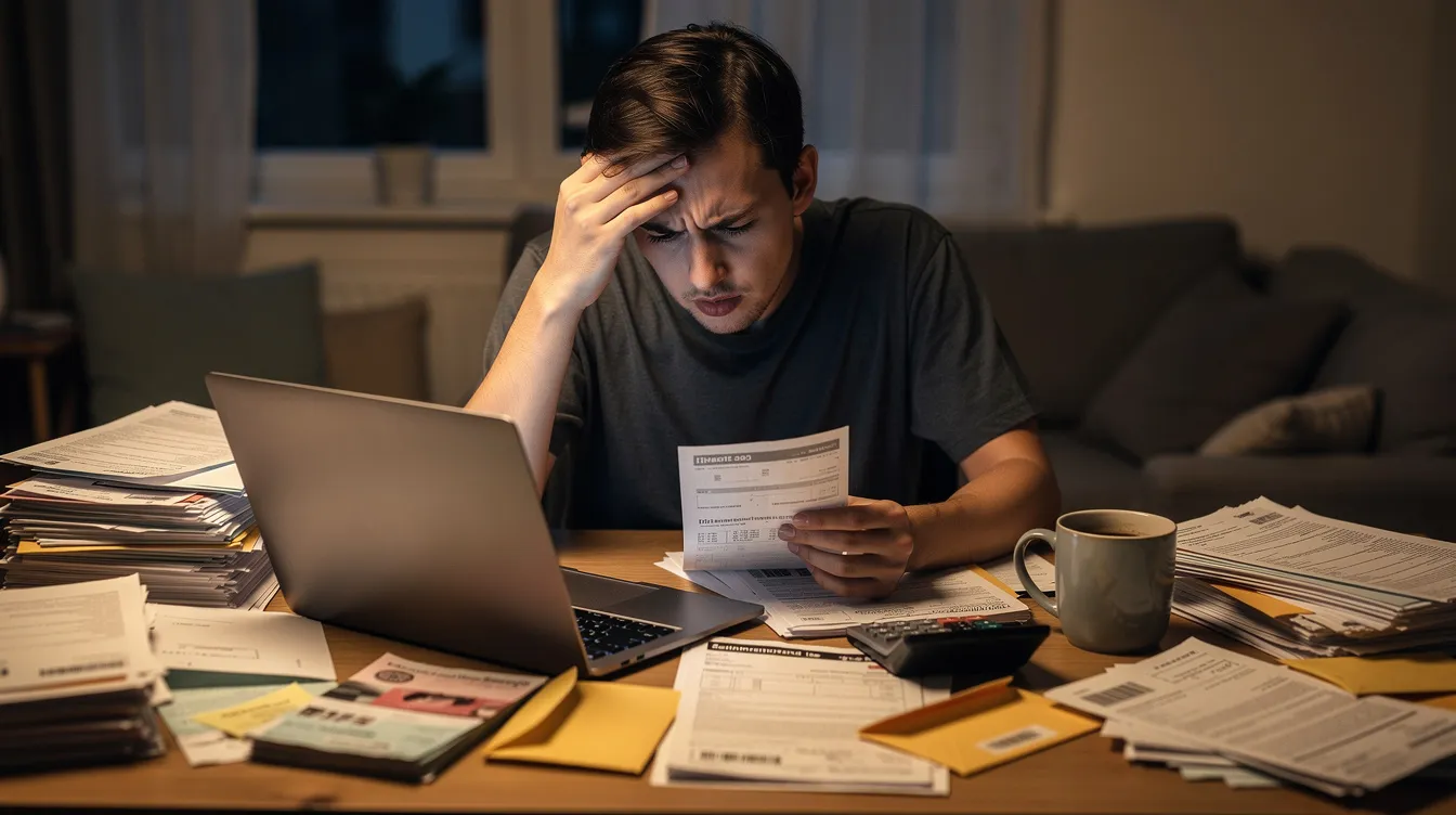 A stressed individual sits at a cluttered desk filled with paper bills and financial statements, reviewing documents that reflect their financial situation. The scene conveys the weight of managing multiple debts and the complexities of personal finance, such as loan repayments and credit assessments.