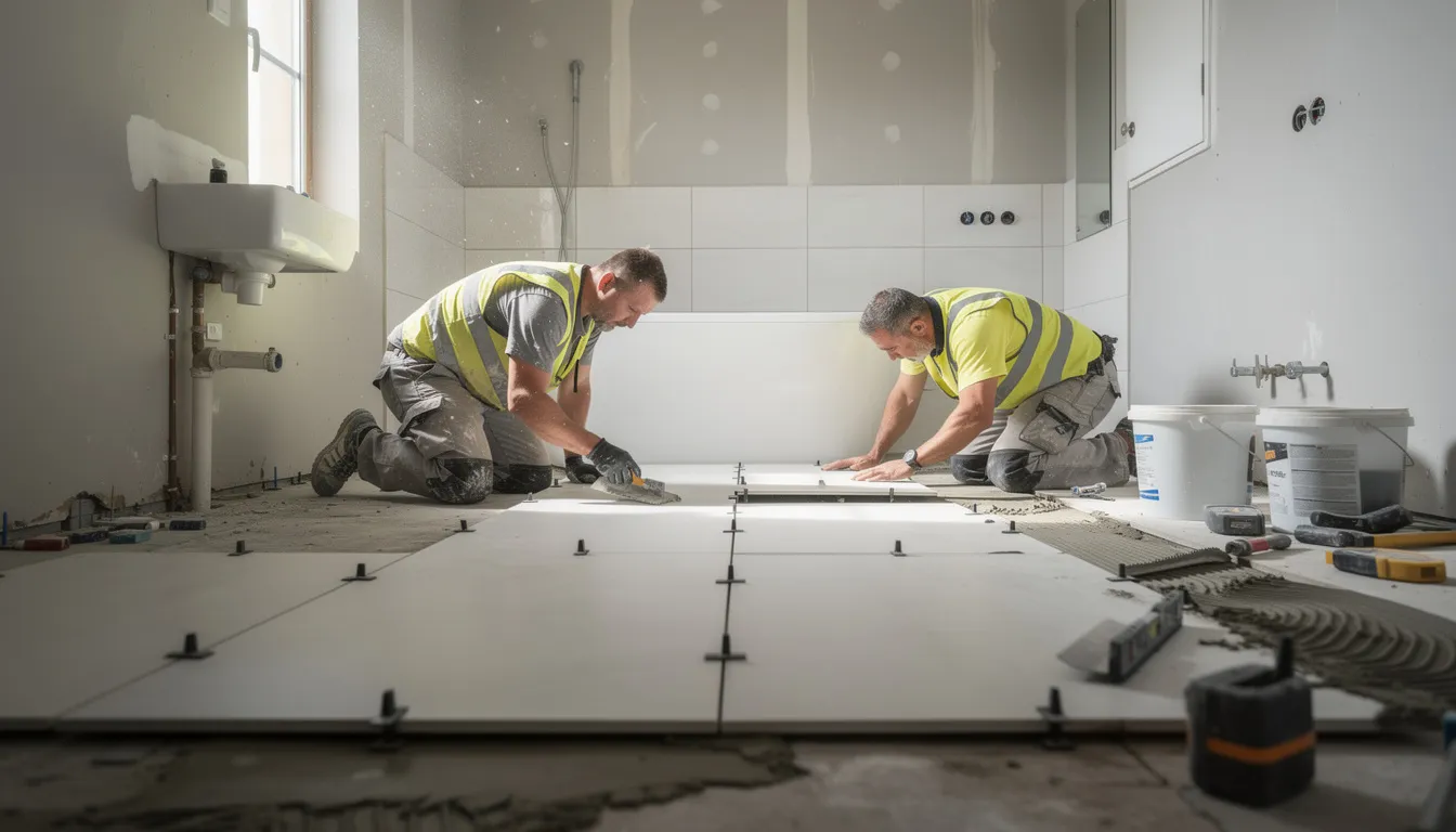 Two construction workers are carefully installing large format tiles on the walls of a bathroom undergoing renovation, preparing for a new walk in shower design that emphasizes modern aesthetics and enhanced accessibility. The scene showcases a professional installation process, highlighting the clean lines and stylish materials that will transform the space into a luxurious modern oasis.