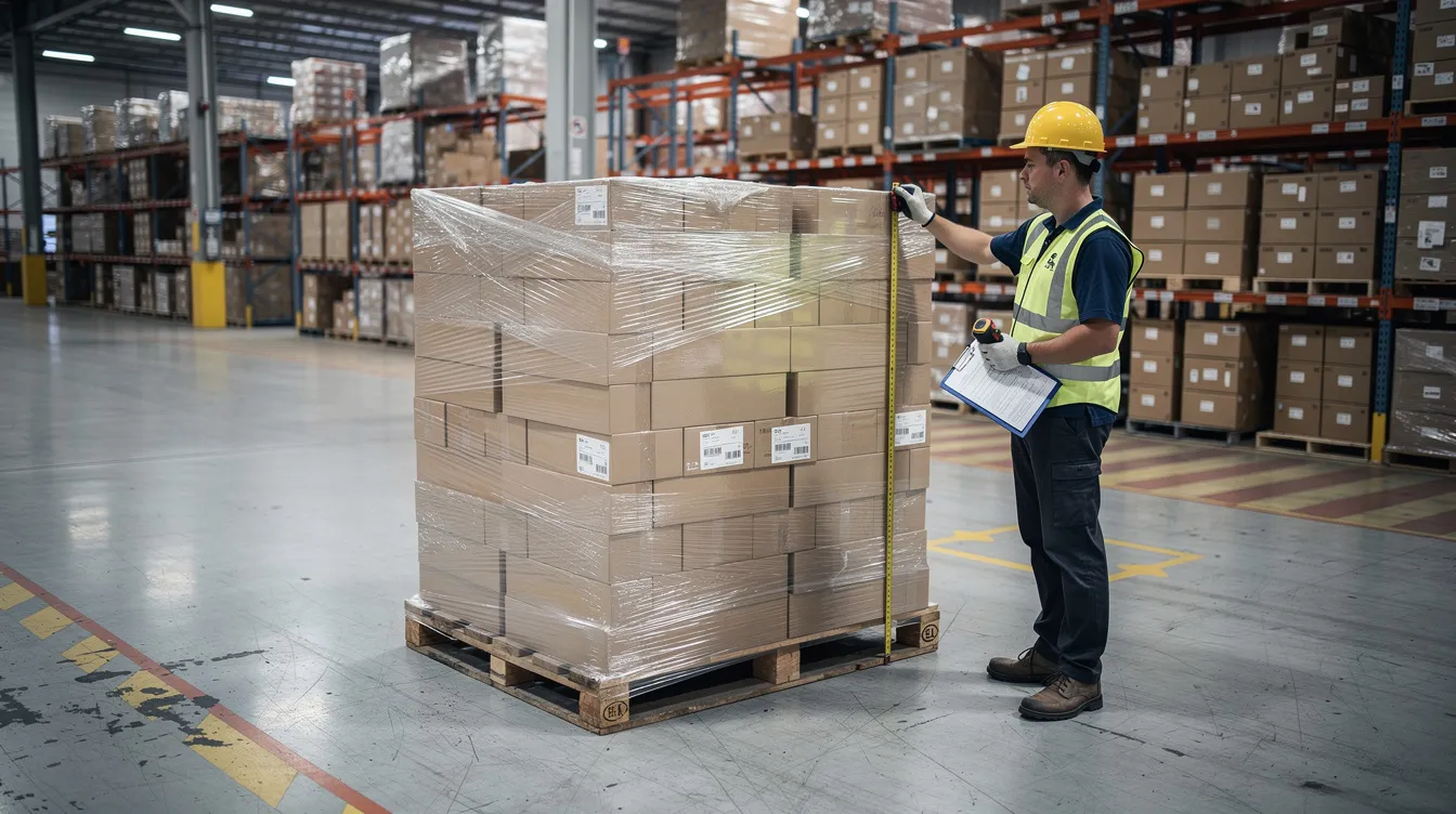 A warehouse worker is measuring a wrapped pallet to determine its dimensions for freight classification, ensuring the correct NMFC code is used for shipping costs. This process involves calculating the total cubic feet and assessing the pallet's density to facilitate accurate freight shipments.