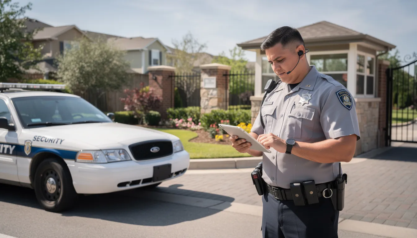 A security officer stands next to a marked patrol vehicle at a residential community gate, reviewing information on a digital tablet. This scene highlights the visible presence of security personnel dedicated to maintaining safety and deterring potential threats in the area.
