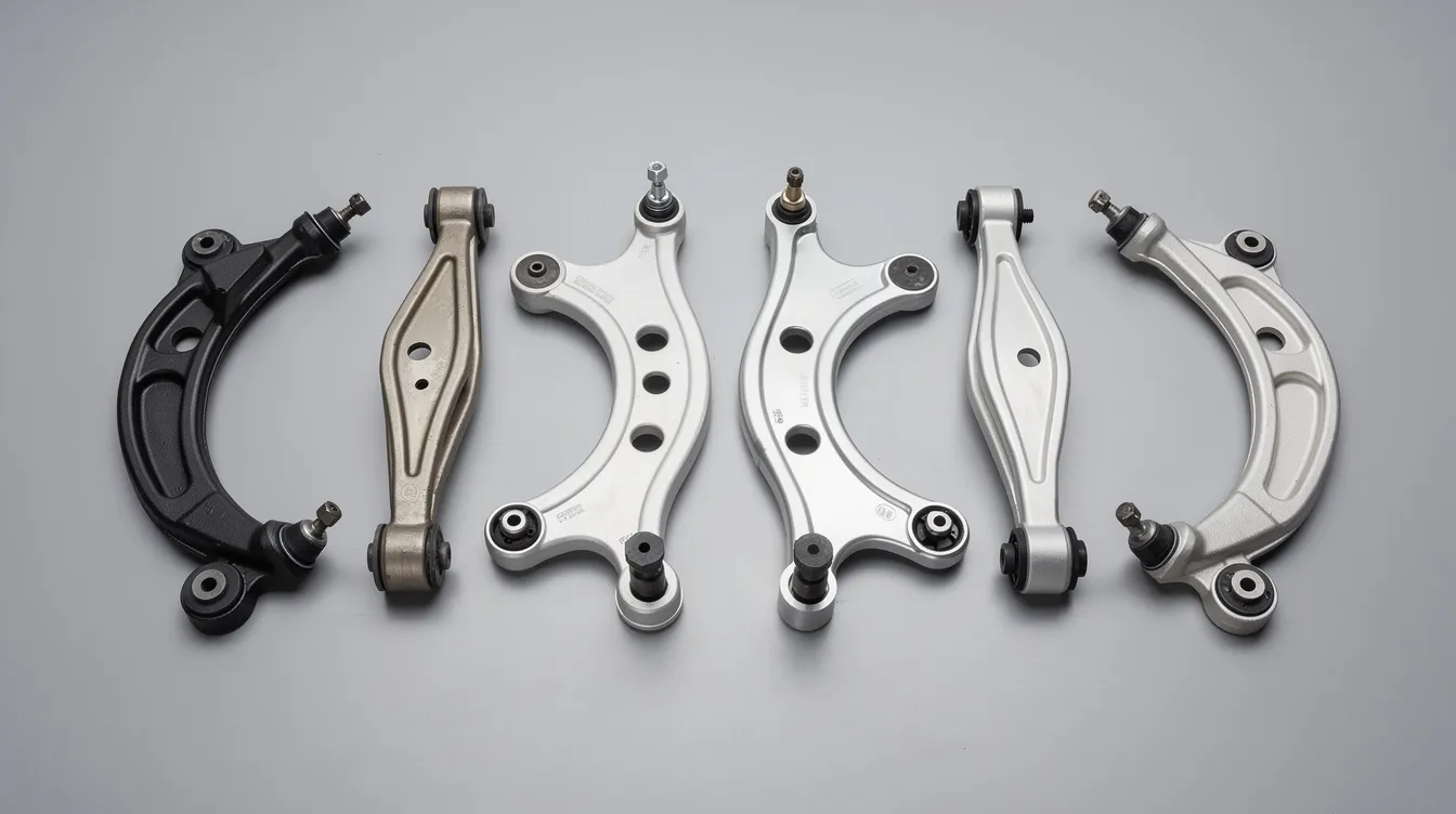 The image displays various control arm designs, showcasing both stamped steel and forged aluminum versions placed side by side, highlighting their differences as structural components of a vehicle's suspension system. This comparison emphasizes the importance of choosing the right parts for maintaining safe driving and a smooth ride.