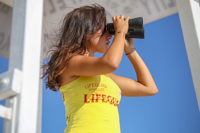 binoculars, lifeguard, observation, nature, woman, beach
