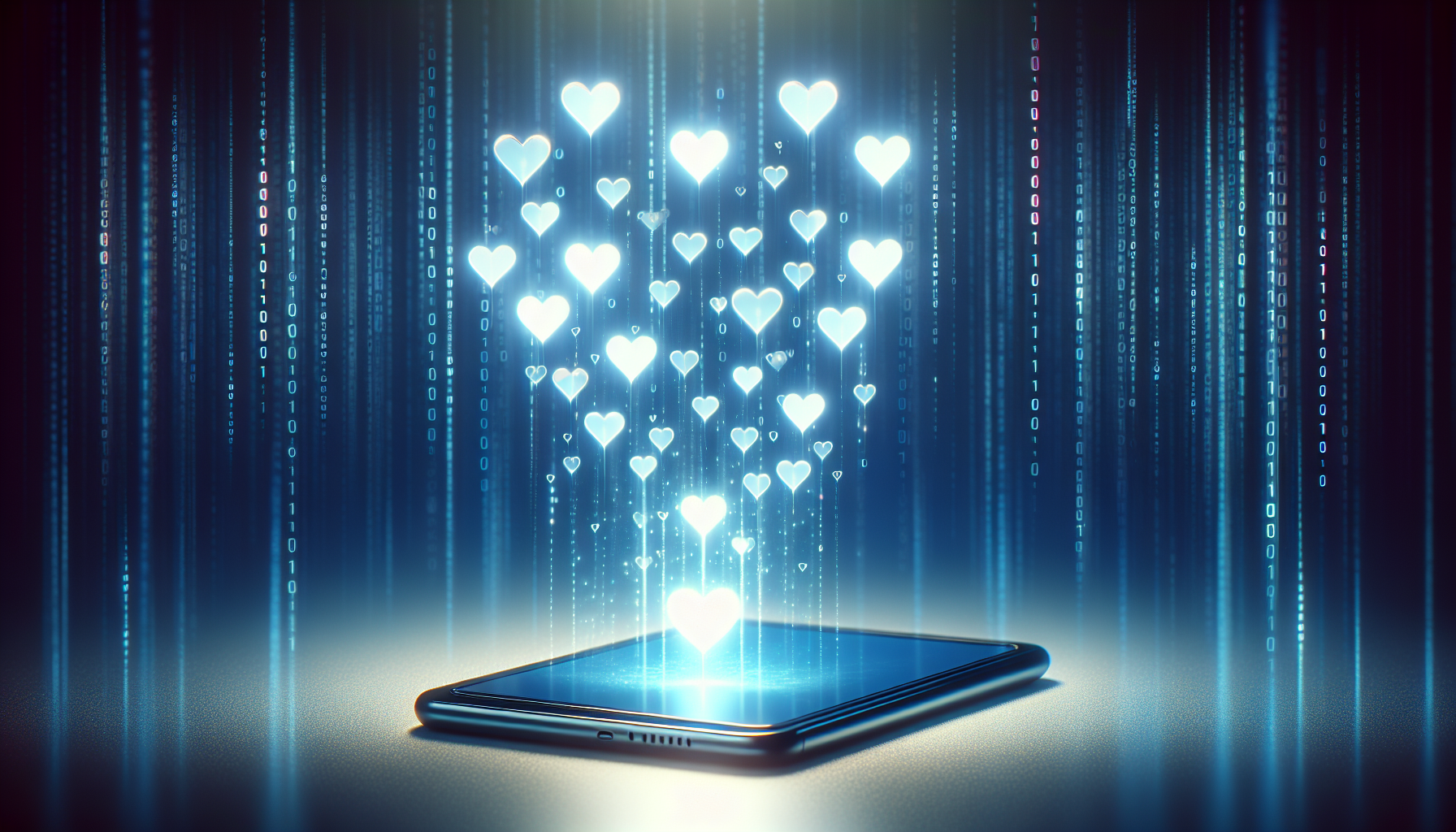 Illustration of a digital device with heart icons representing online dating and virtual encounters