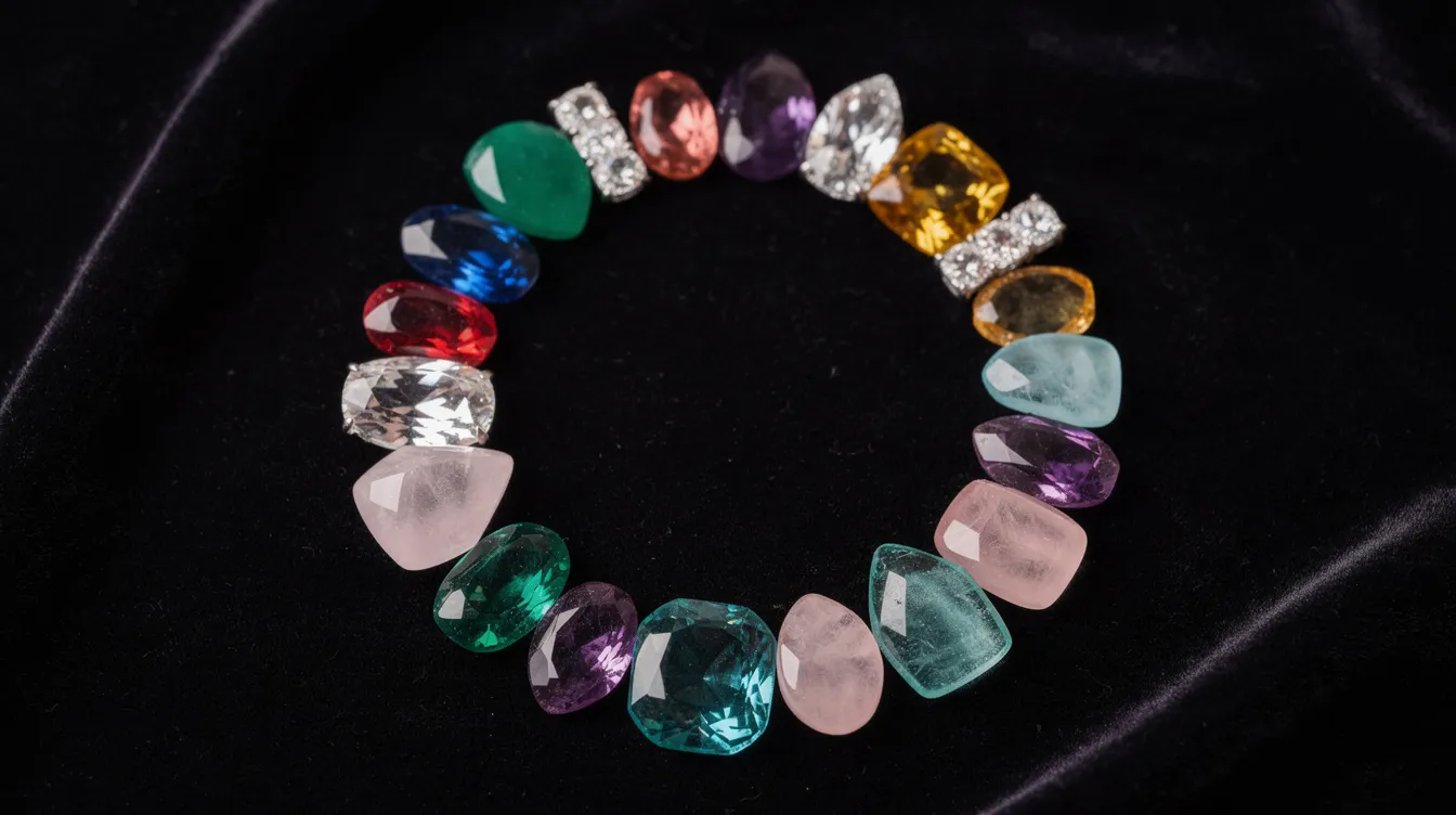 A collection of colorful polished gemstones, including shades of blue, green, and warm yellows, is arranged in a circle on dark velvet, showcasing the beauty and variety of birthstones associated with each month of the year. This display highlights the classic beauty and clarity of these precious gems, often believed to possess magical powers and inner strength.