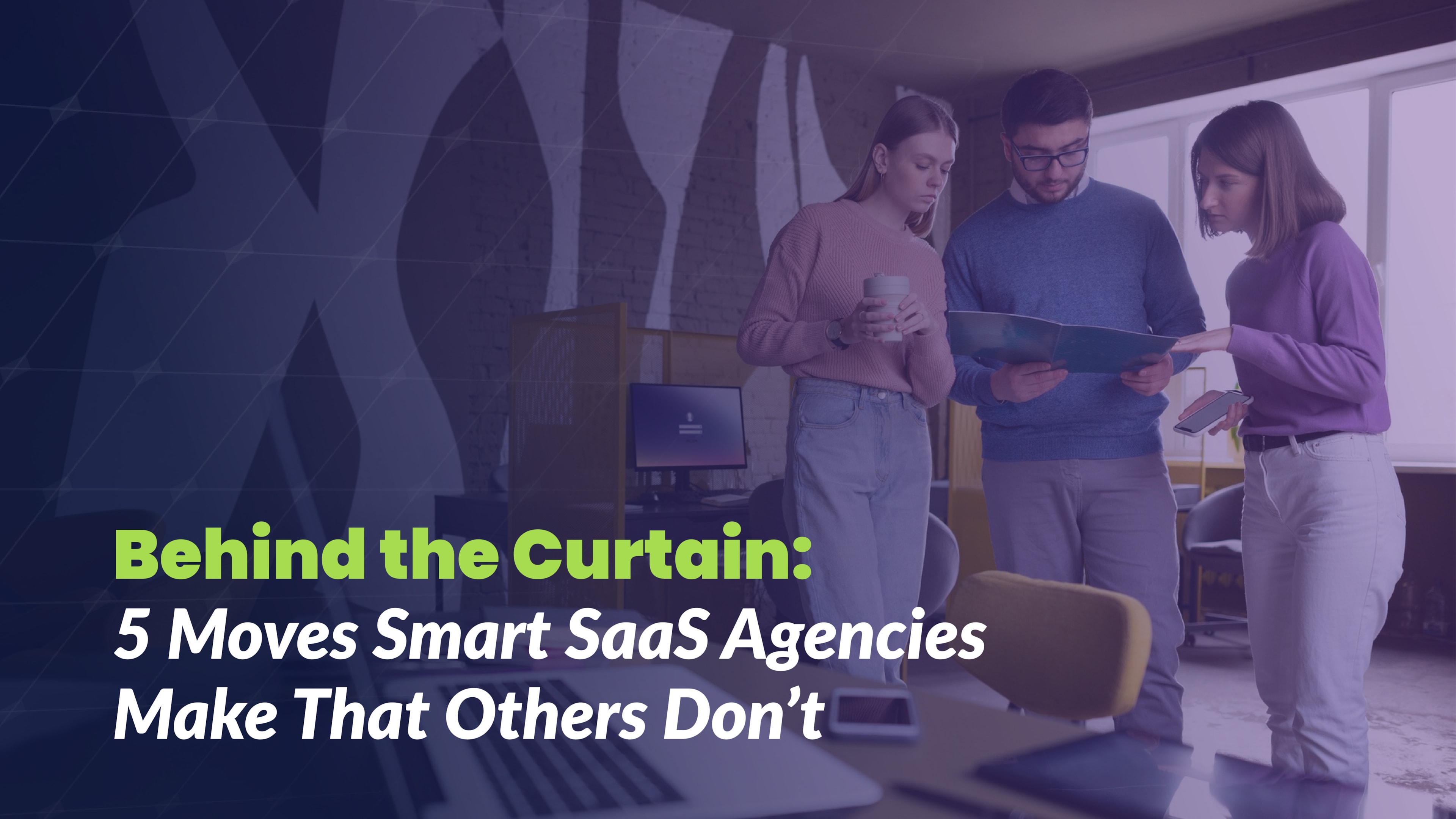 Team of three professionals reviewing a document together in a creative office space, representing strategic B2B SaaS marketing efforts.