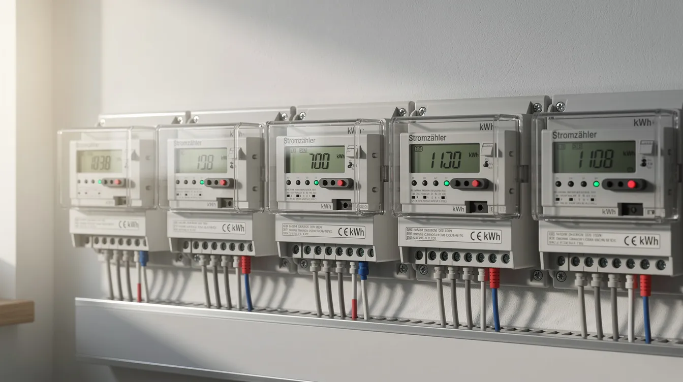 Auf dem Bild sind moderne digitale Stromzähler zu sehen, die an einer Wand montiert sind. Diese Geräte ermöglichen die präzise Erfassung von Zählerständen und tragen zur effizienten Überwachung der Stromversorgung bei.