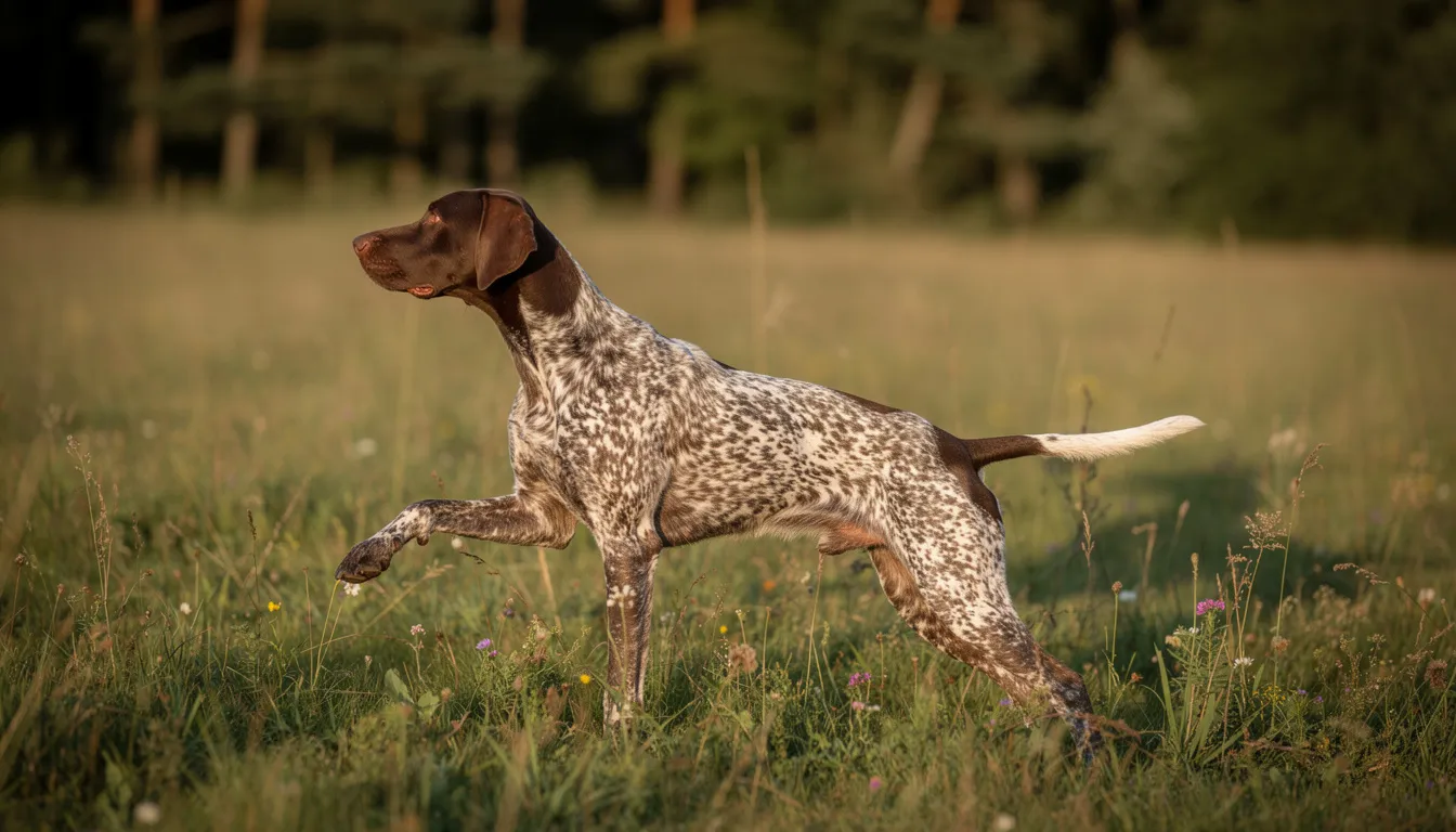 Na łące stoi wyżeł niemiecki krótkowłosy w charakterystycznej pozie myśliwskiej, z uniesioną głową i czujnym spojrzeniem. Jego krótką sierść zdobią brązowe znaczenia, a całe jego usposobienie świadczy o silnym instynkcie łowieckim.