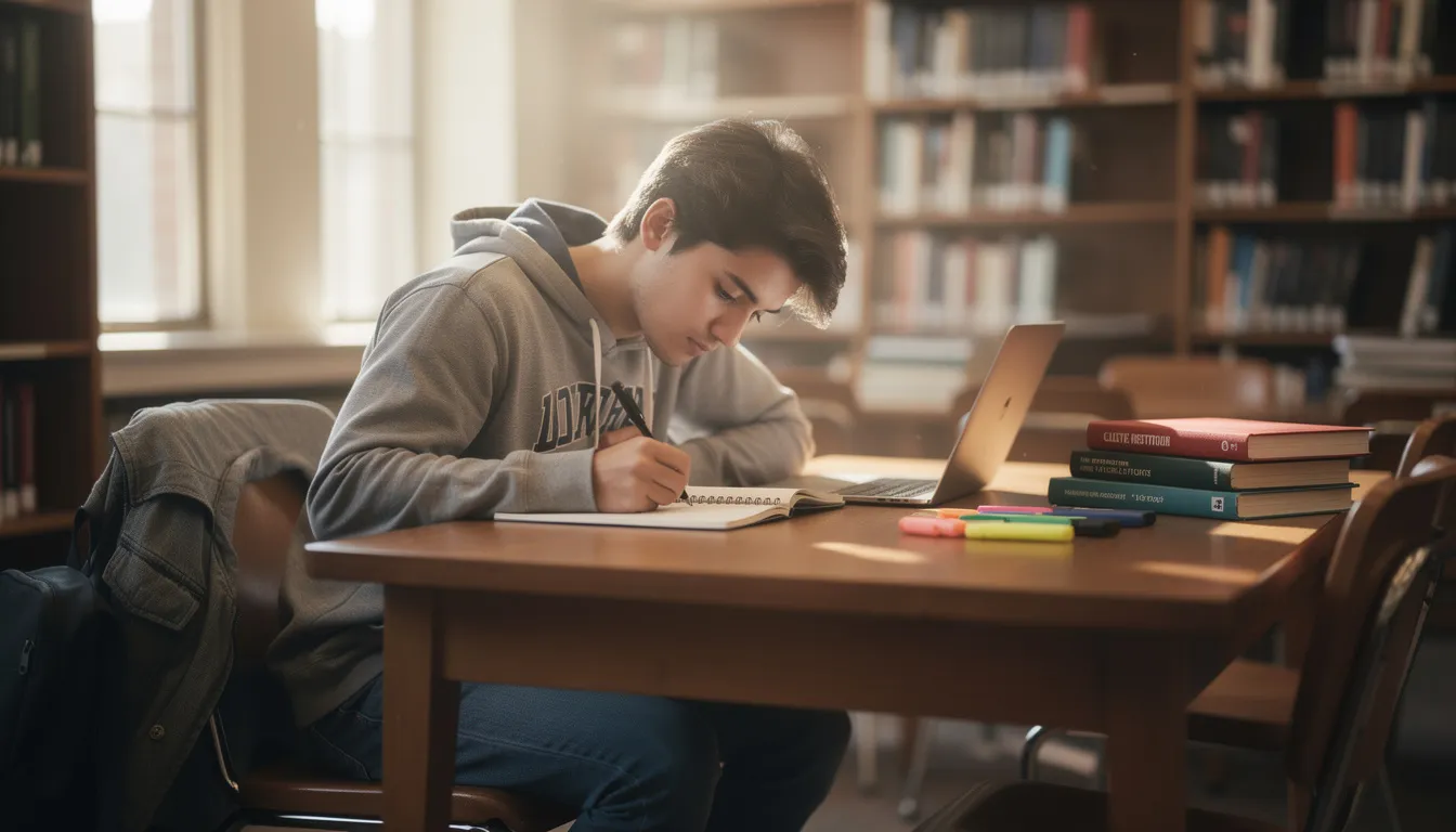 A student is focused on writing handwritten notes in a spiral notebook while seated at a library desk, utilizing effective note taking techniques to capture key points from their course material. The scene emphasizes the importance of structured note taking methods, such as the Cornell method or outlining, in enhancing the learning process.