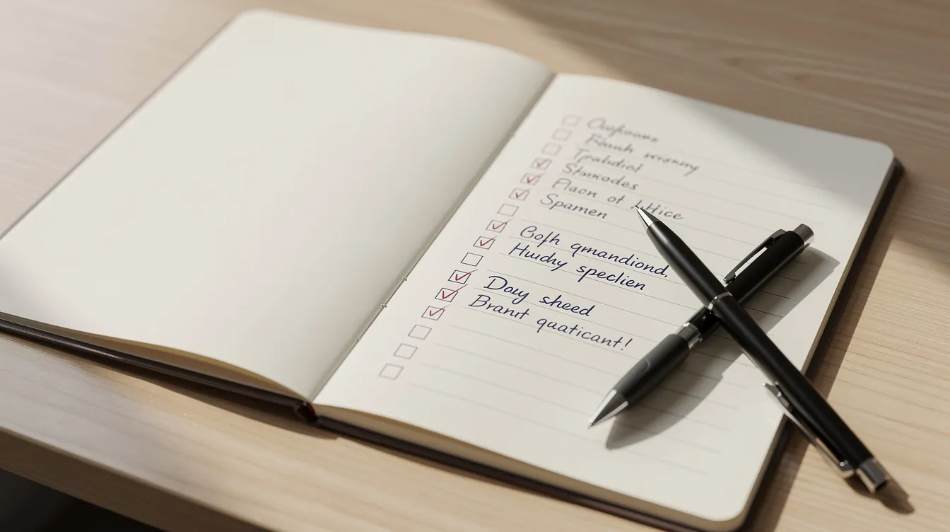 The image features a clean notebook with a numbered checklist and a pen resting on a wooden desk, symbolizing the preparation and planning essential for day trading strategies. This setup reflects the importance of having a trading plan and managing risks in the financial markets.