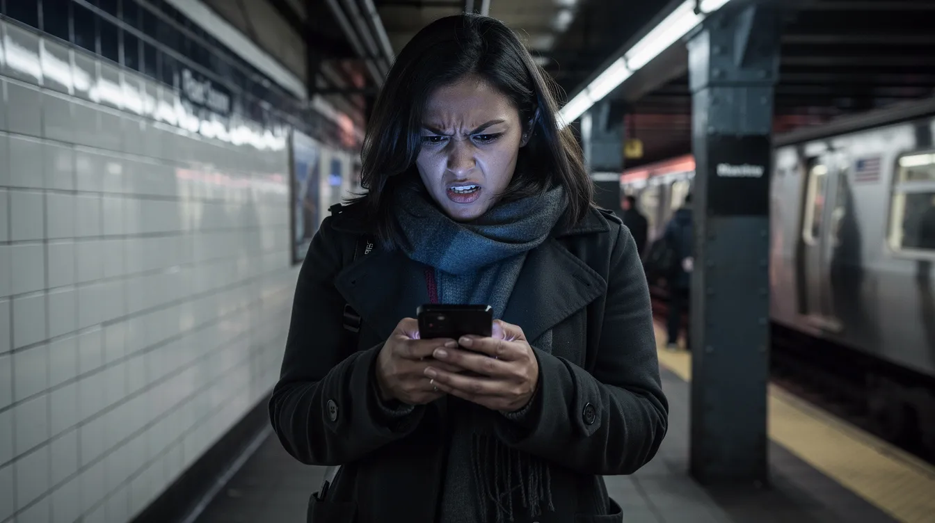 A woman stands at a NYC subway station, visibly angry as she looks at her cellphone screen, possibly encountering online dating scams or a suspicious profile on a dating app. Her expression reflects frustration, highlighting the importance of online dating safety and the need to be cautious with personal information.