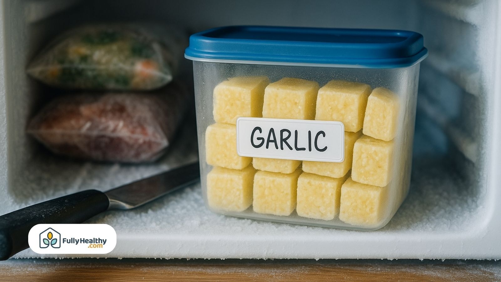 Frozen garlic cubes stored in a labeled container inside a freezer.