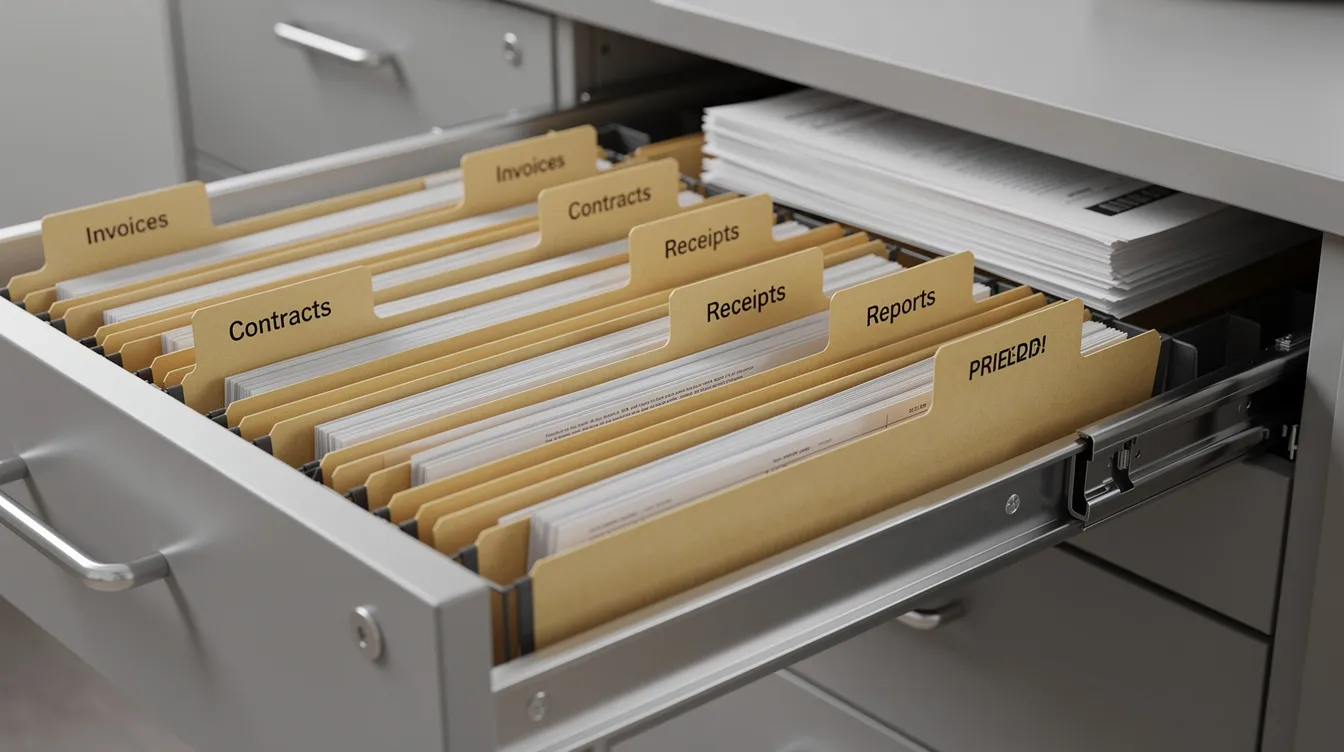 The image shows a well-organized filing cabinet filled with labeled folders and documents, indicating a systematic approach to managing important paperwork, such as loan applications and financial records. This setup could be beneficial for individuals or small finance banks involved in processing applications for mudra loans and assessing the credit track record of borrowers.